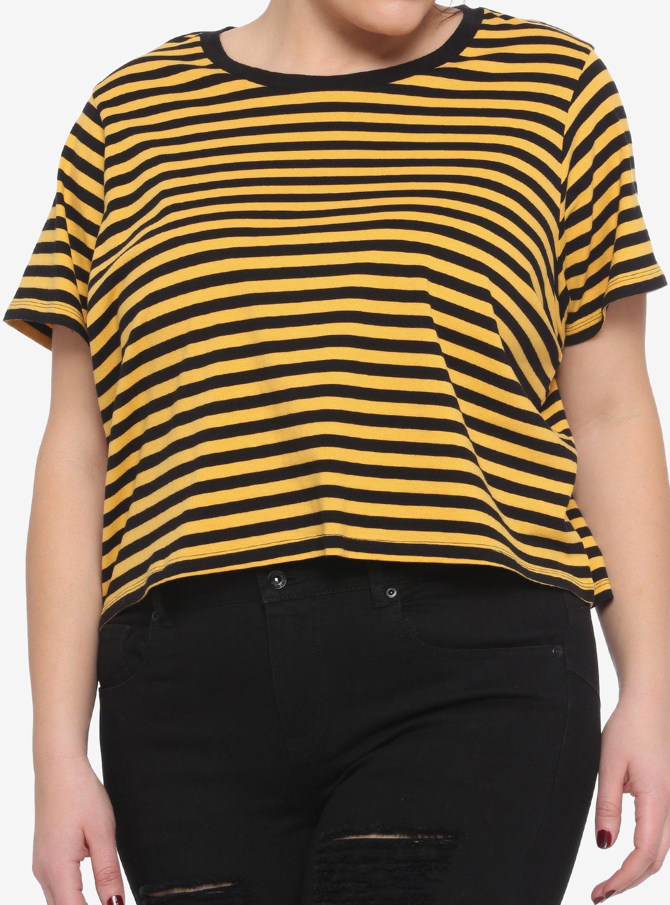 Black & Yellow Stripe Girls Crop T-Shirt Plus Size, STRIPES, hi-res