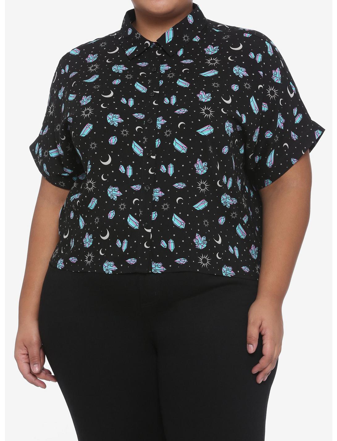 Pastel Crystals & Celestial Girls Crop Woven Button-Up Plus Size, MULTI, hi-res