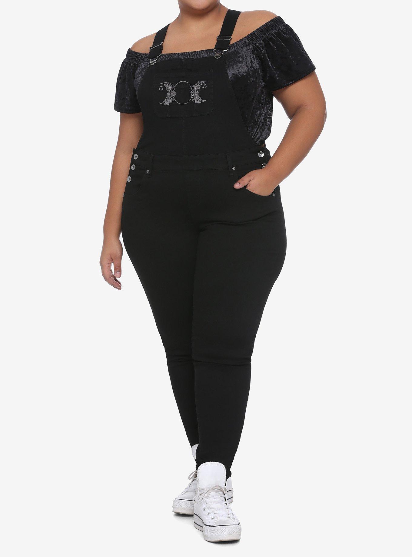 Moon Embroidery Overalls Plus Size, BLACK, hi-res