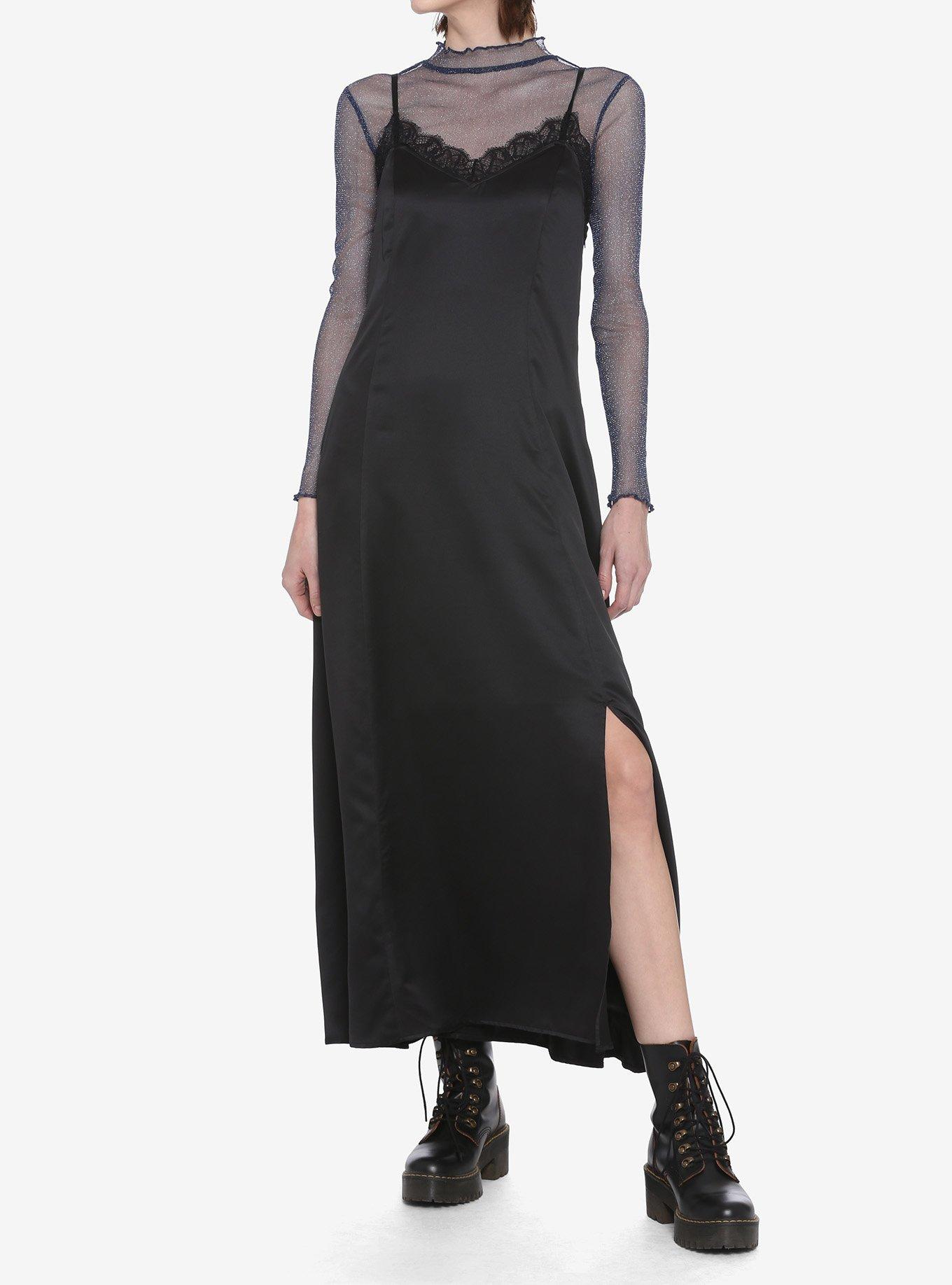 Black Lace Trim Maxi Slip Dress, BLACK, hi-res