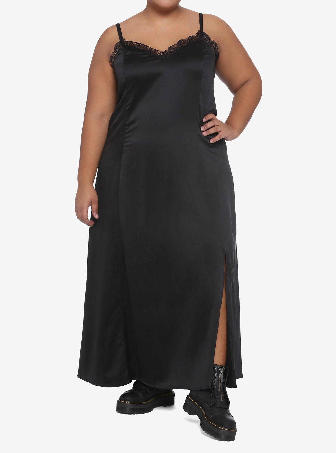 Black Lace Trim Maxi Slip Dress Plus Sizes, BLACK, hi-res