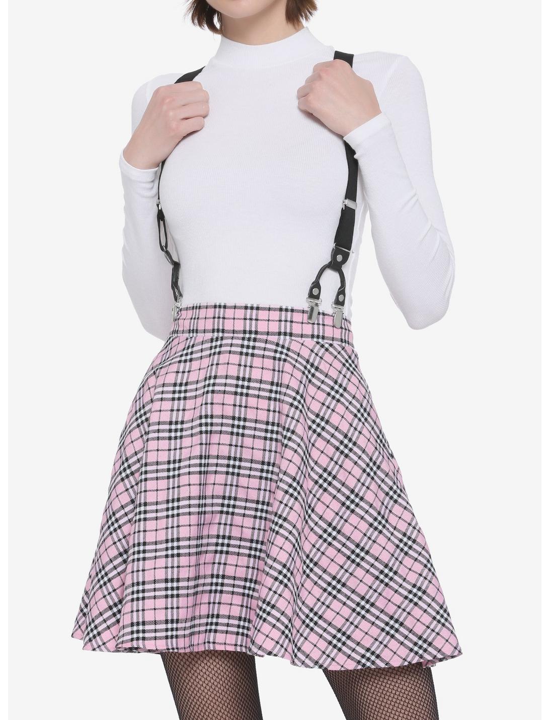 Pink Plaid Suspender Skirt, PLAID - PINK, hi-res