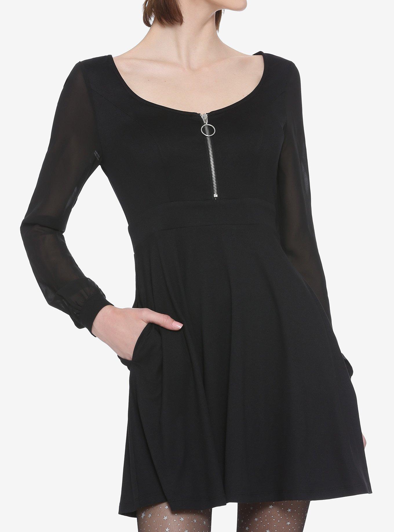 Sheer Sleeves & O-Ring Zipper Skater Dress, BLACK, hi-res