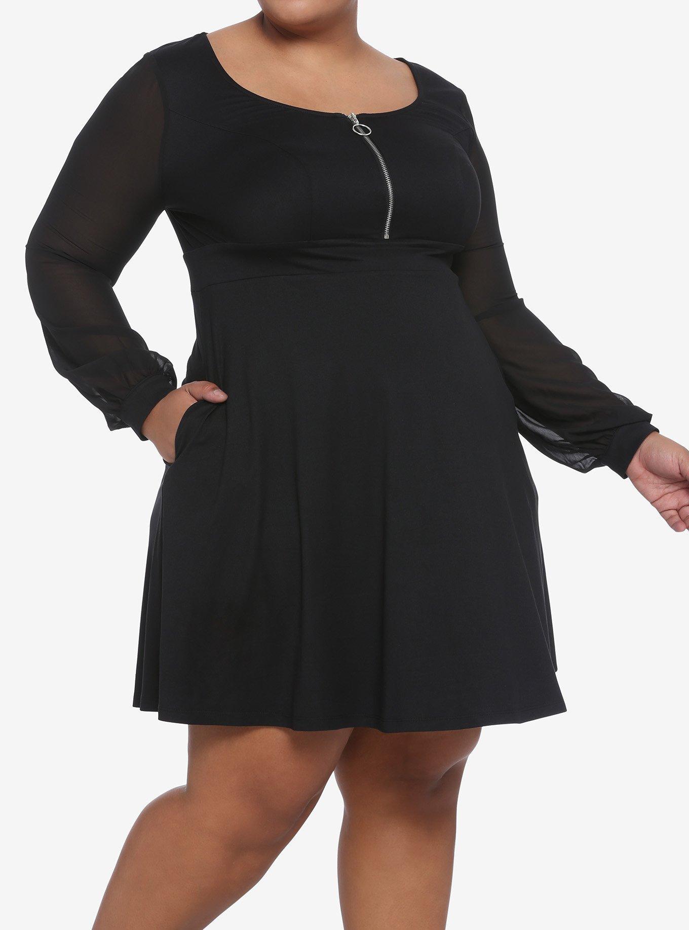 Sheer Sleeves & O-Ring Zipper Skater Dress Plus Size, BLACK, hi-res