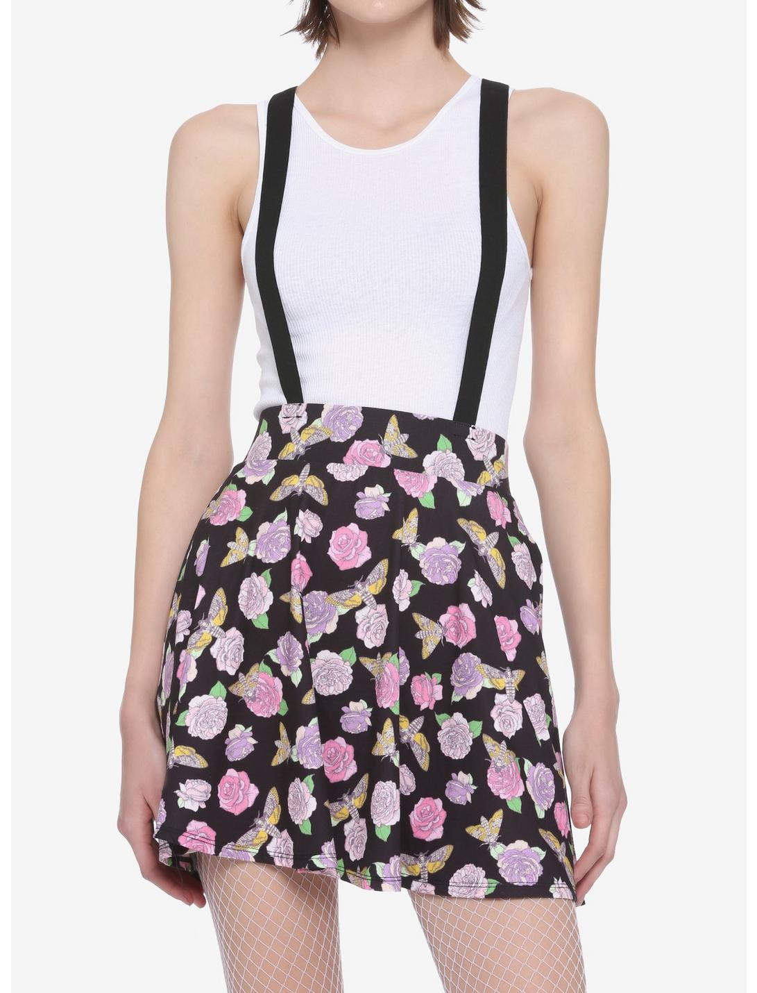 Pastel Roses & Moths Suspender Circle Skirt, BLACK, hi-res
