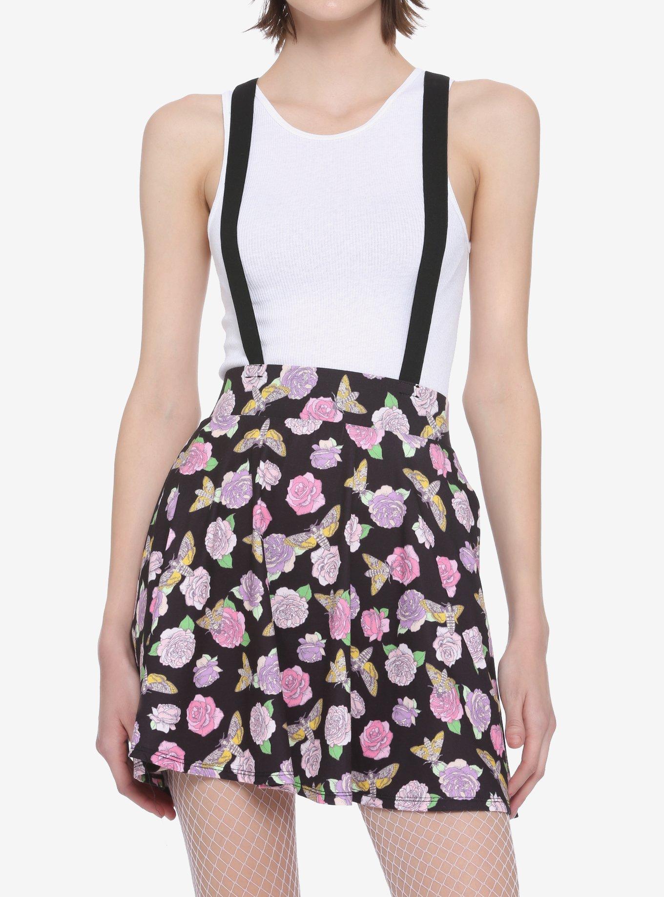 Pastel Roses & Moths Suspender Circle Skirt, BLACK, hi-res