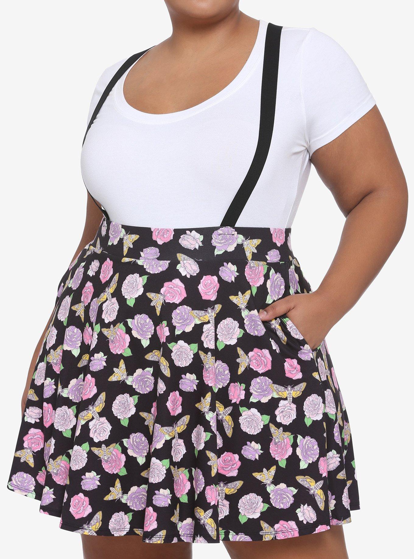 Pastel Roses & Moths Suspender Circle Skirt Plus Size, BLACK, hi-res