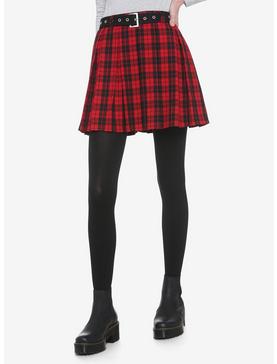 Red & Black Pleated Skirt With Grommet Belt, , hi-res