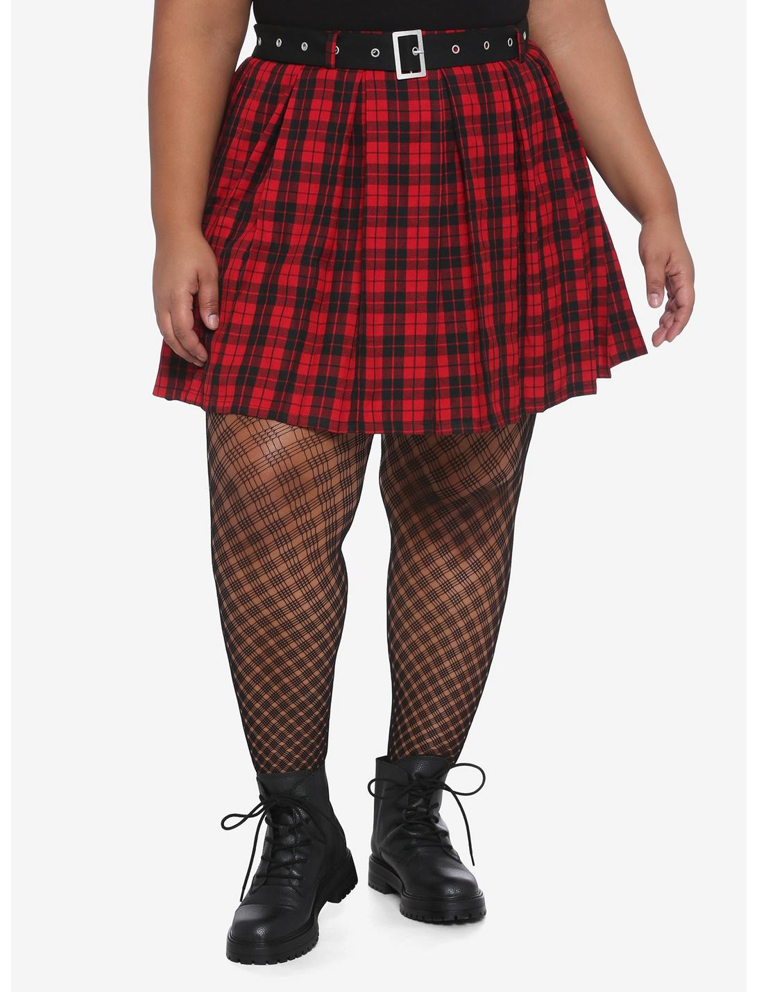 Red & Black Pleated Skirt With Grommet Belt Plus Size | Hot Topic