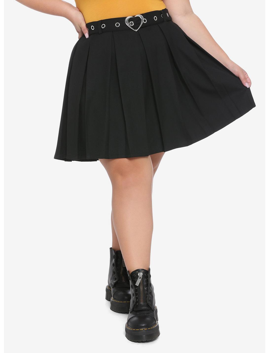 Black Pleated Skirt With Grommet Belt Plus Size, BLACK, hi-res