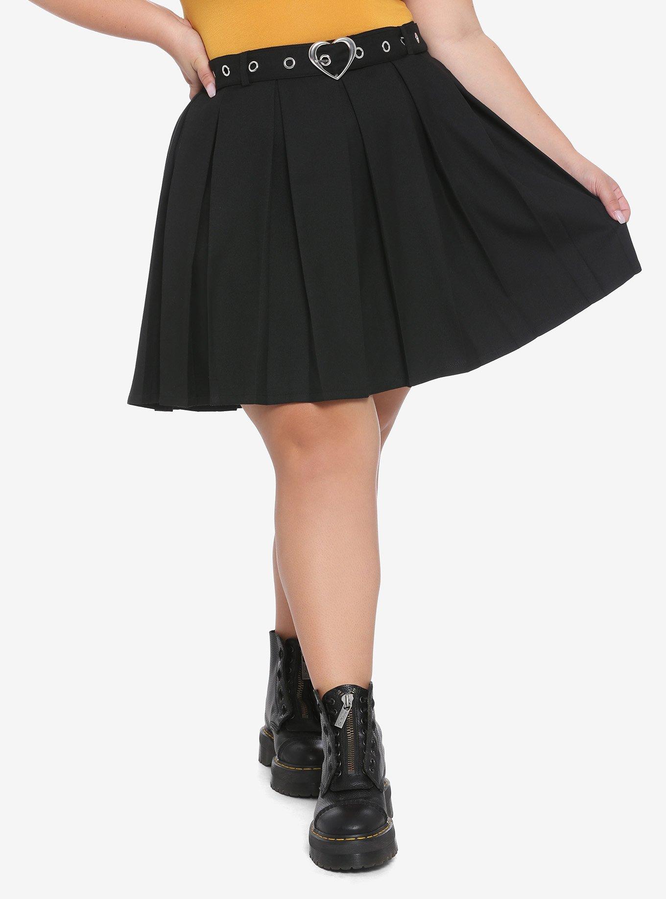 Black Pleated Skirt With Grommet Belt Plus Size, BLACK, hi-res