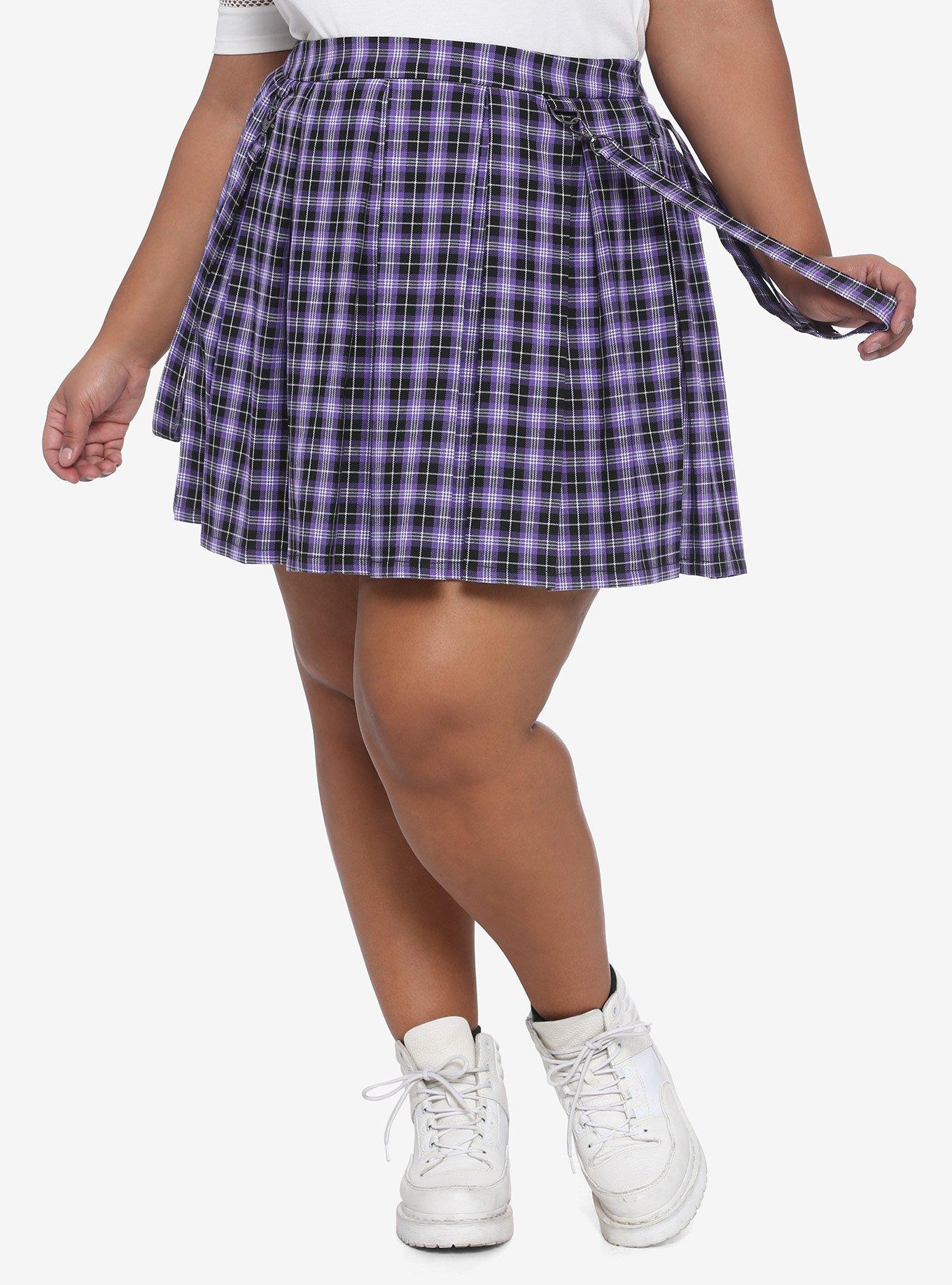 Purple Plaid Suspender Skirt Plus Size, PLAID - PURPLE, hi-res