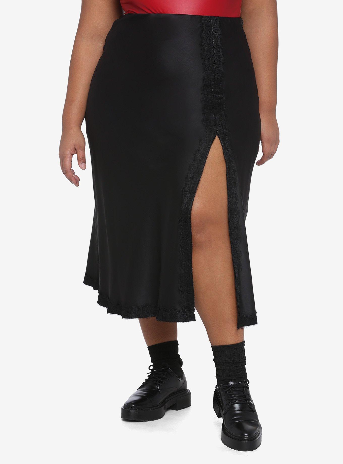 Black Satin Split Skirt Plus Size, BLACK, hi-res