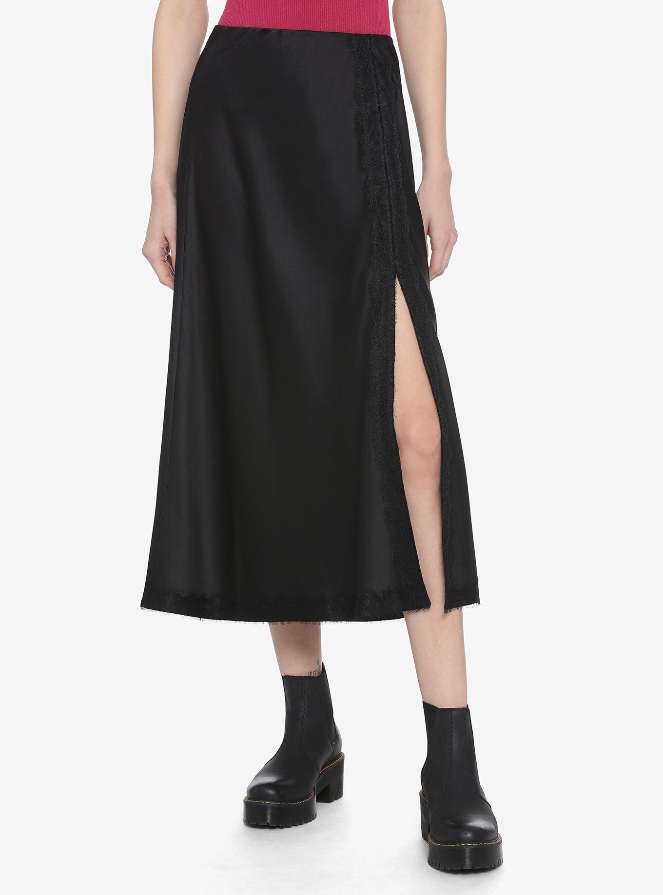 Black Satin Split Skirt