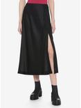 Black Satin Split Skirt, BLACK, hi-res