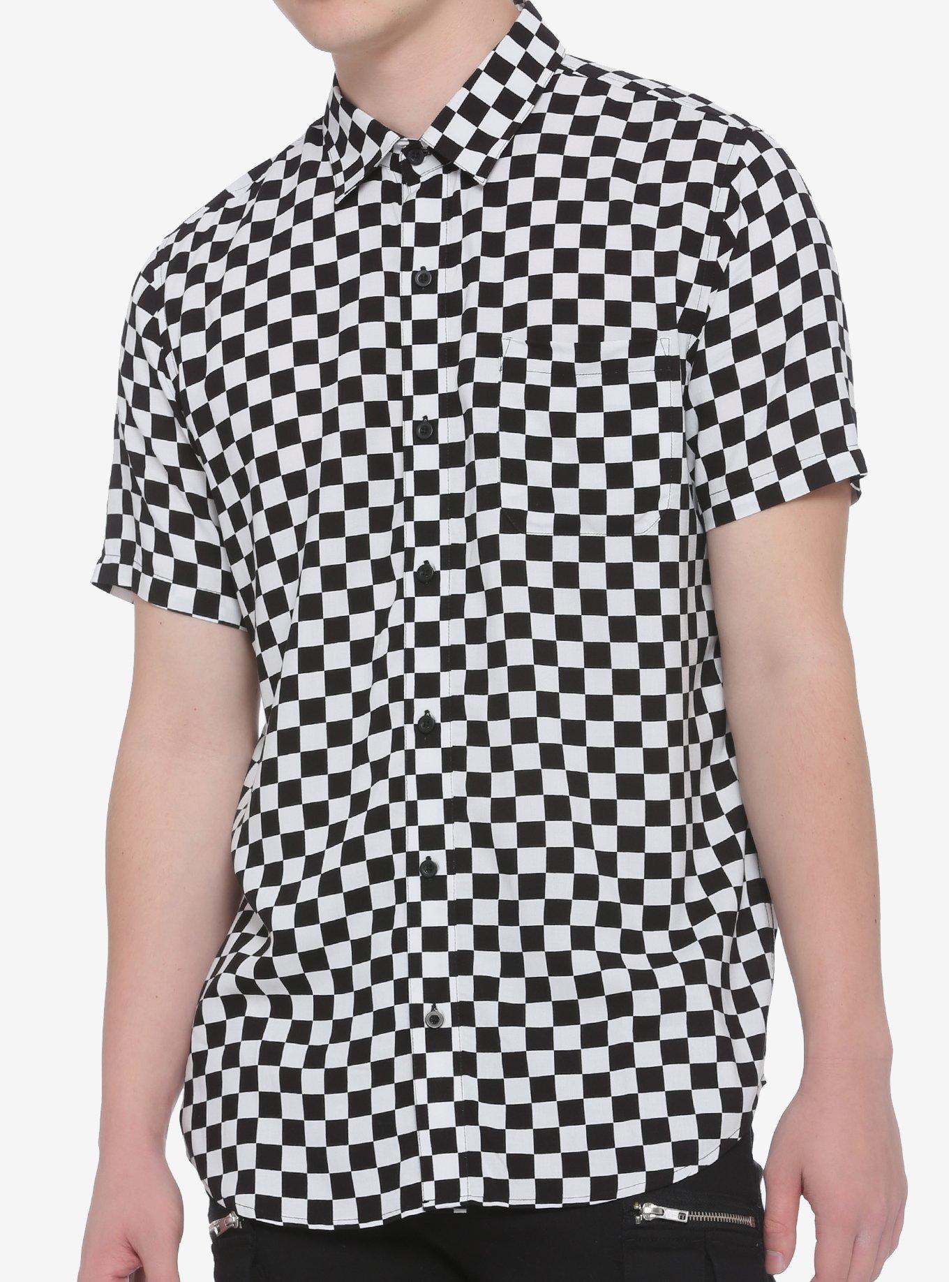 Black & White Checkered Woven Button-Up, BLACK, hi-res