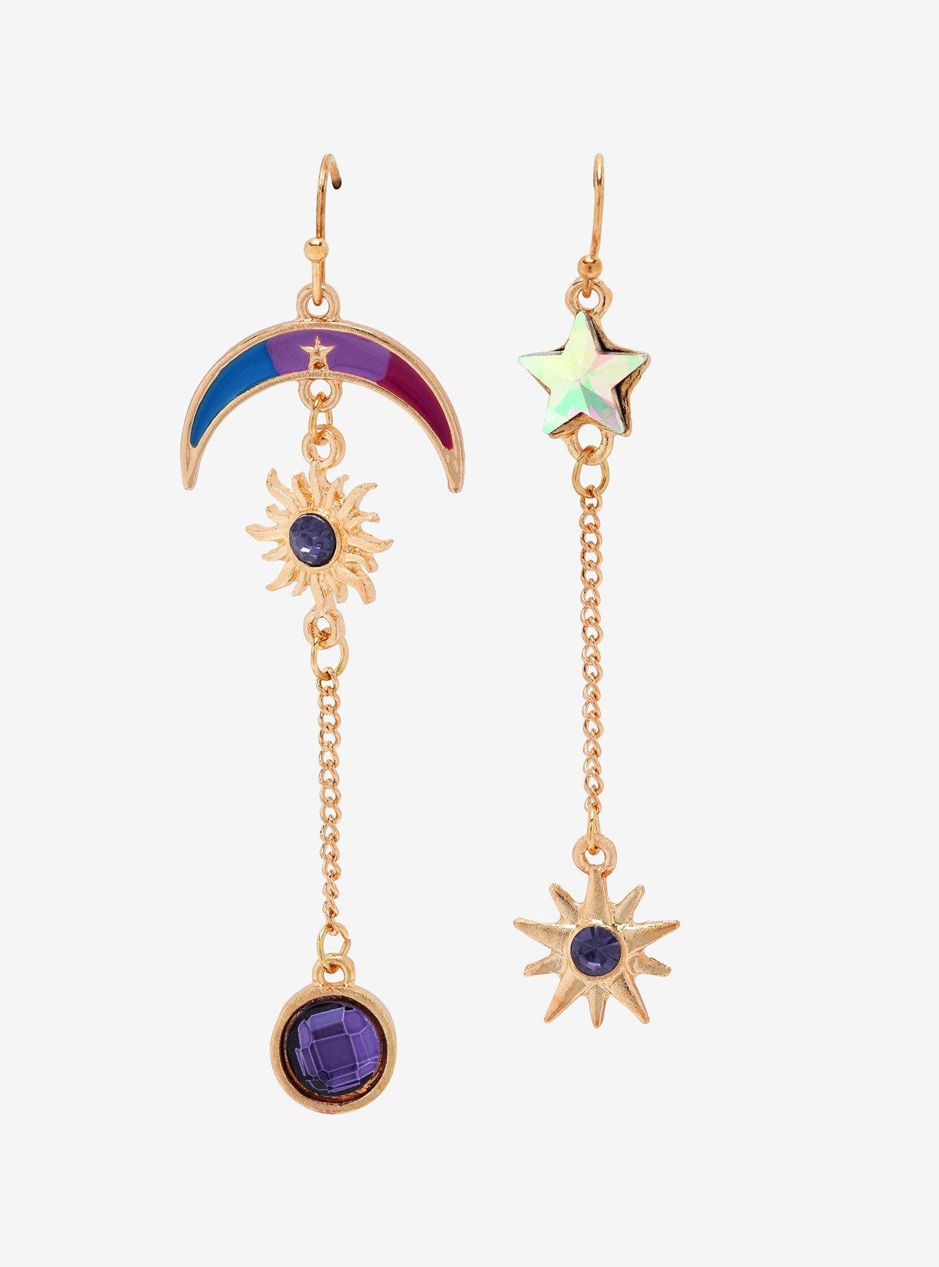 Star Moon Purple Gem Mismatch Drop Earrings, , hi-res