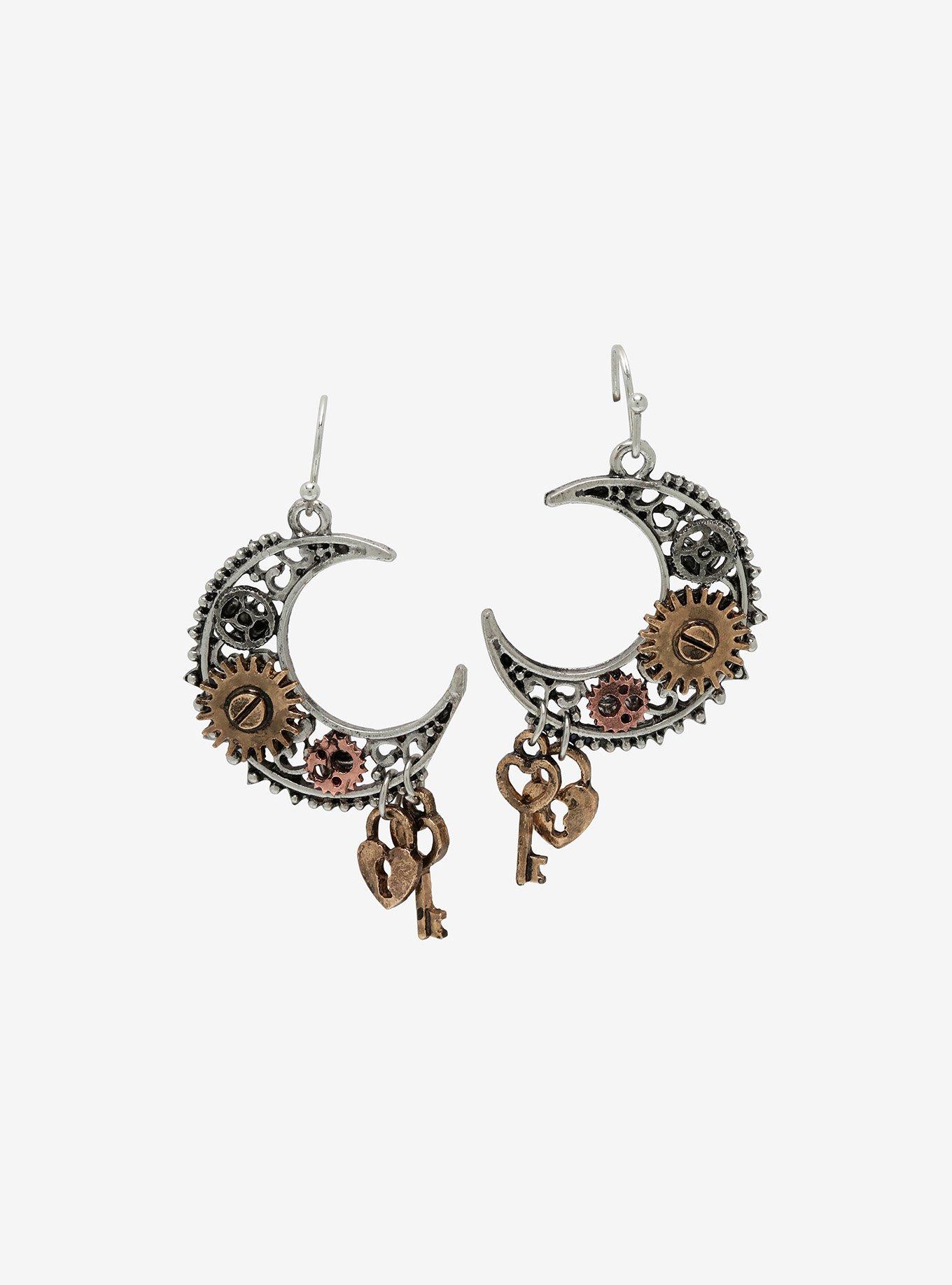 Steampunk Moon Key Drop Earrings, , hi-res