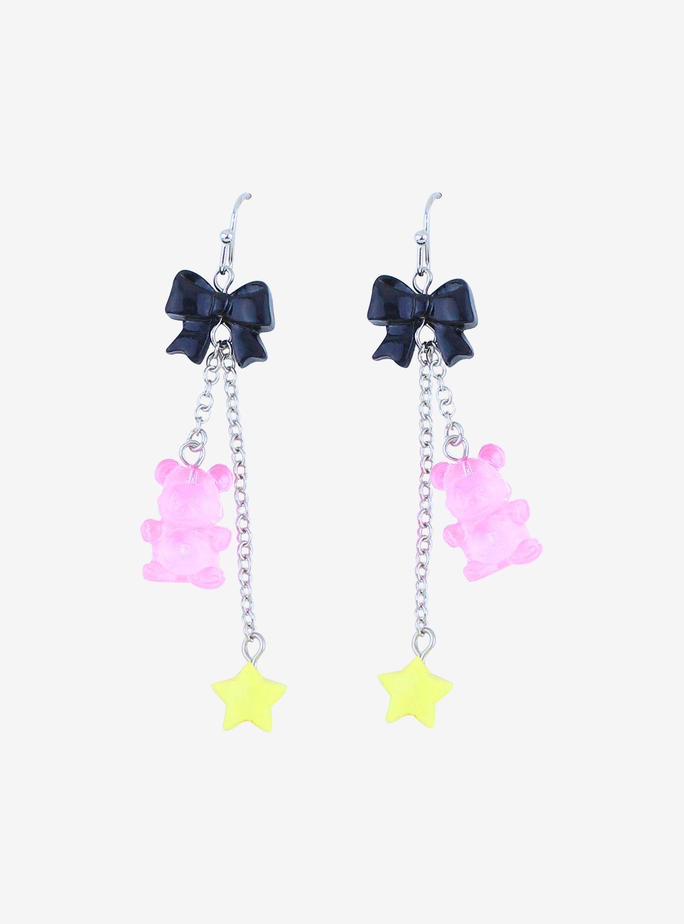 Pink Bear Bow Star Dangle Earrings, , hi-res
