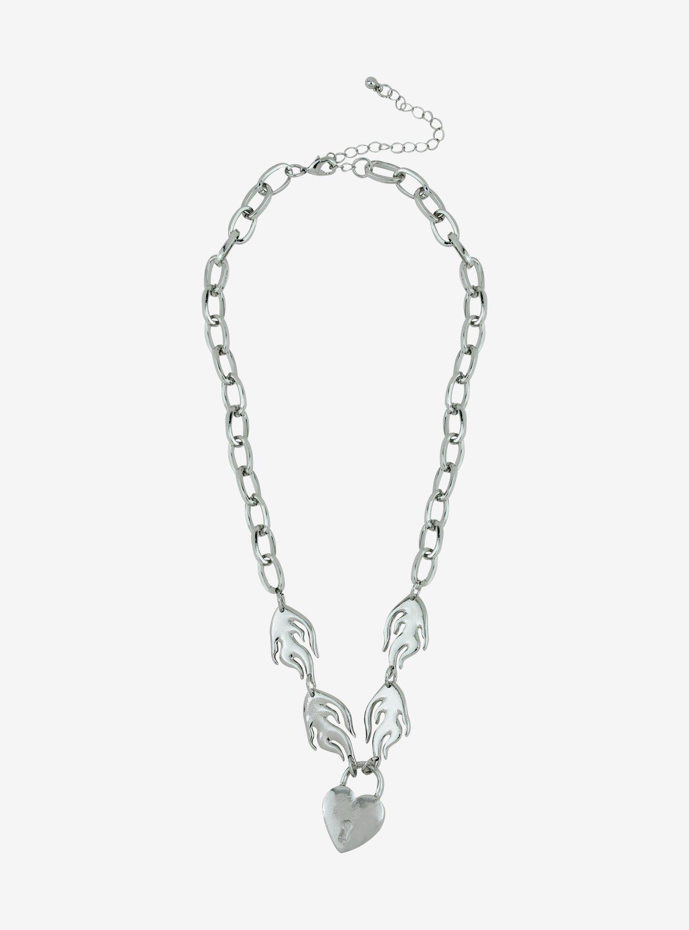 Heart Padlock & Flames Chain Necklace, , hi-res