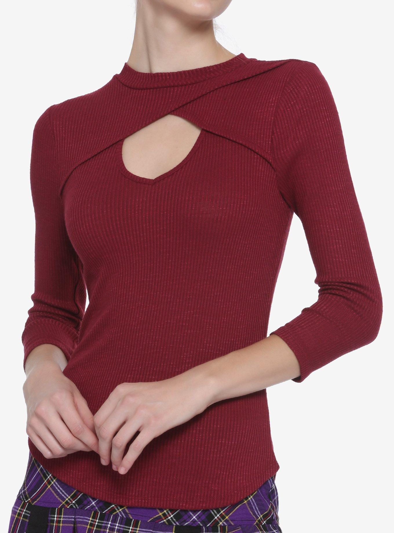 Burgundy Mock Neck Crossover Cut Out Long-Sleeve Top, BURGUNDY, hi-res