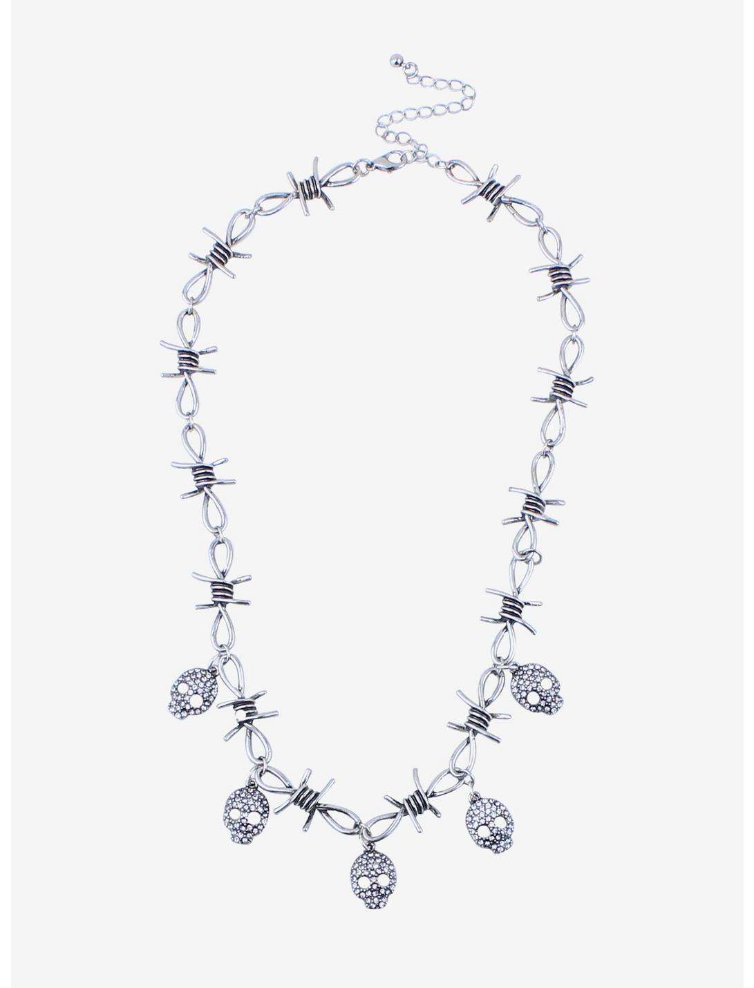 Barbed Wire CZ Skull Necklace, , hi-res