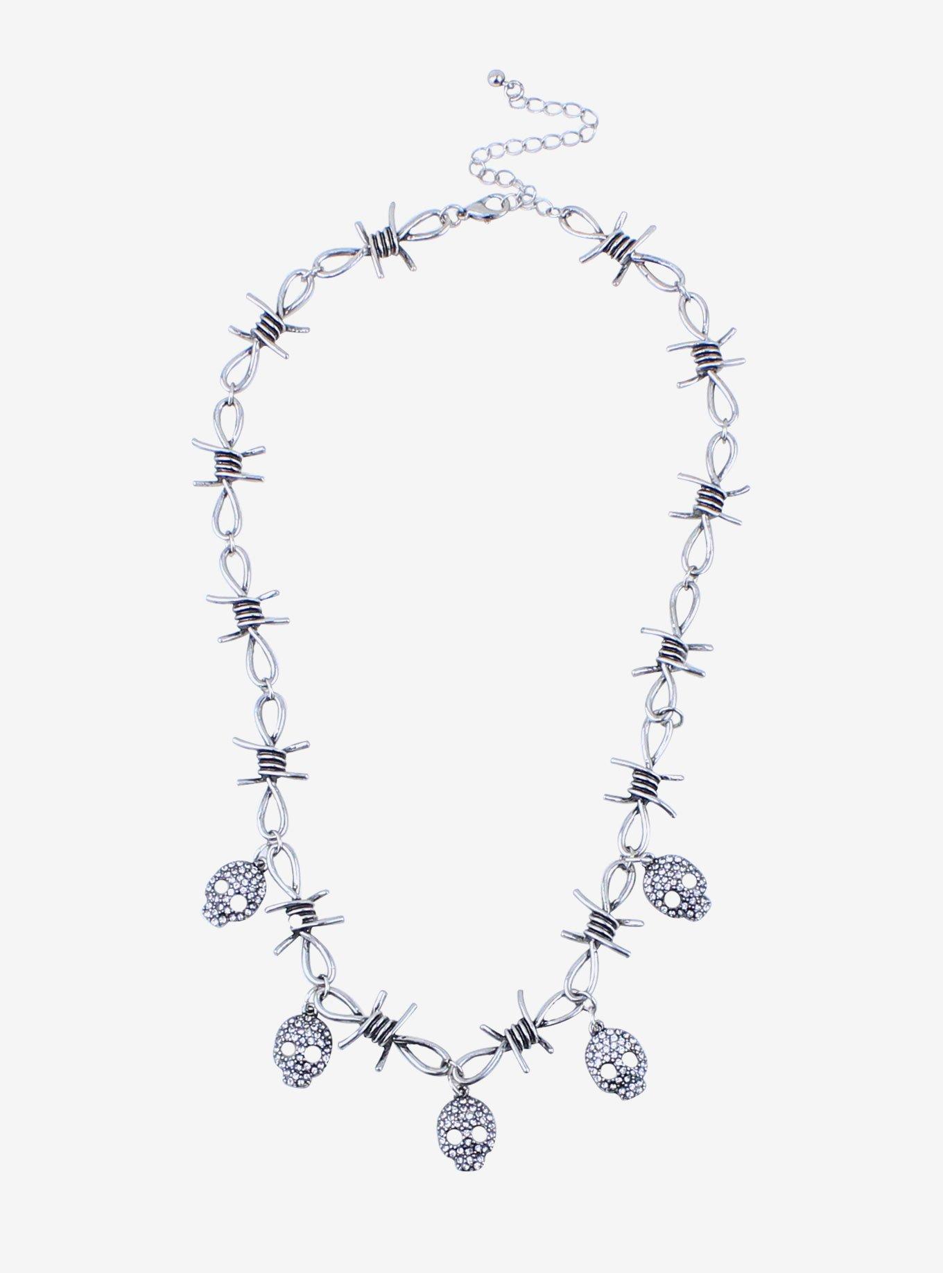 Barbed Wire CZ Skull Necklace, , hi-res