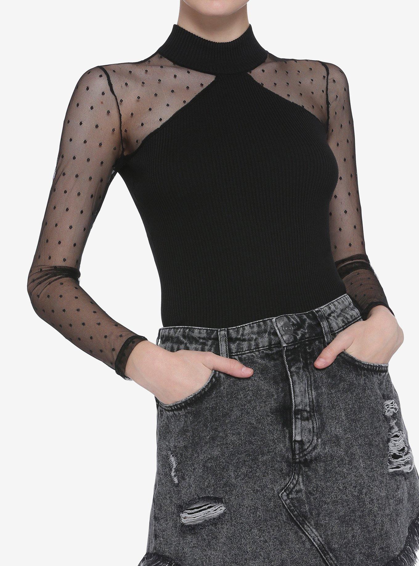 Black Mock Neck Polka Dot Mesh Girls Long-Sleeve Top, BLACK, hi-res