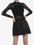 Black Floral Lace Mock Neck Girls Long-Sleeve Top, BLACK, hi-res