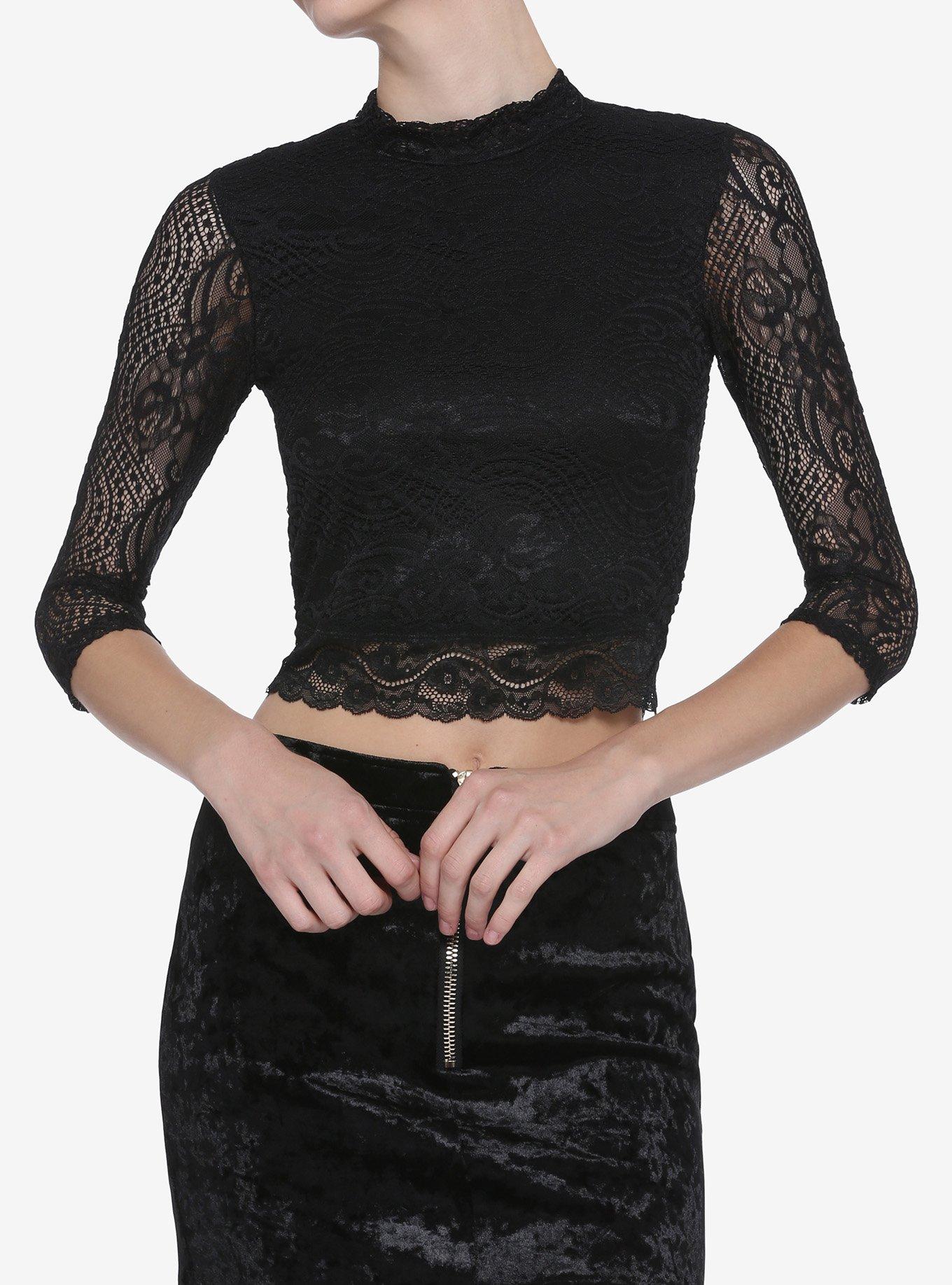 Black Lace Mock Neck Crop Girls Long-Sleeve Top, BLACK, hi-res