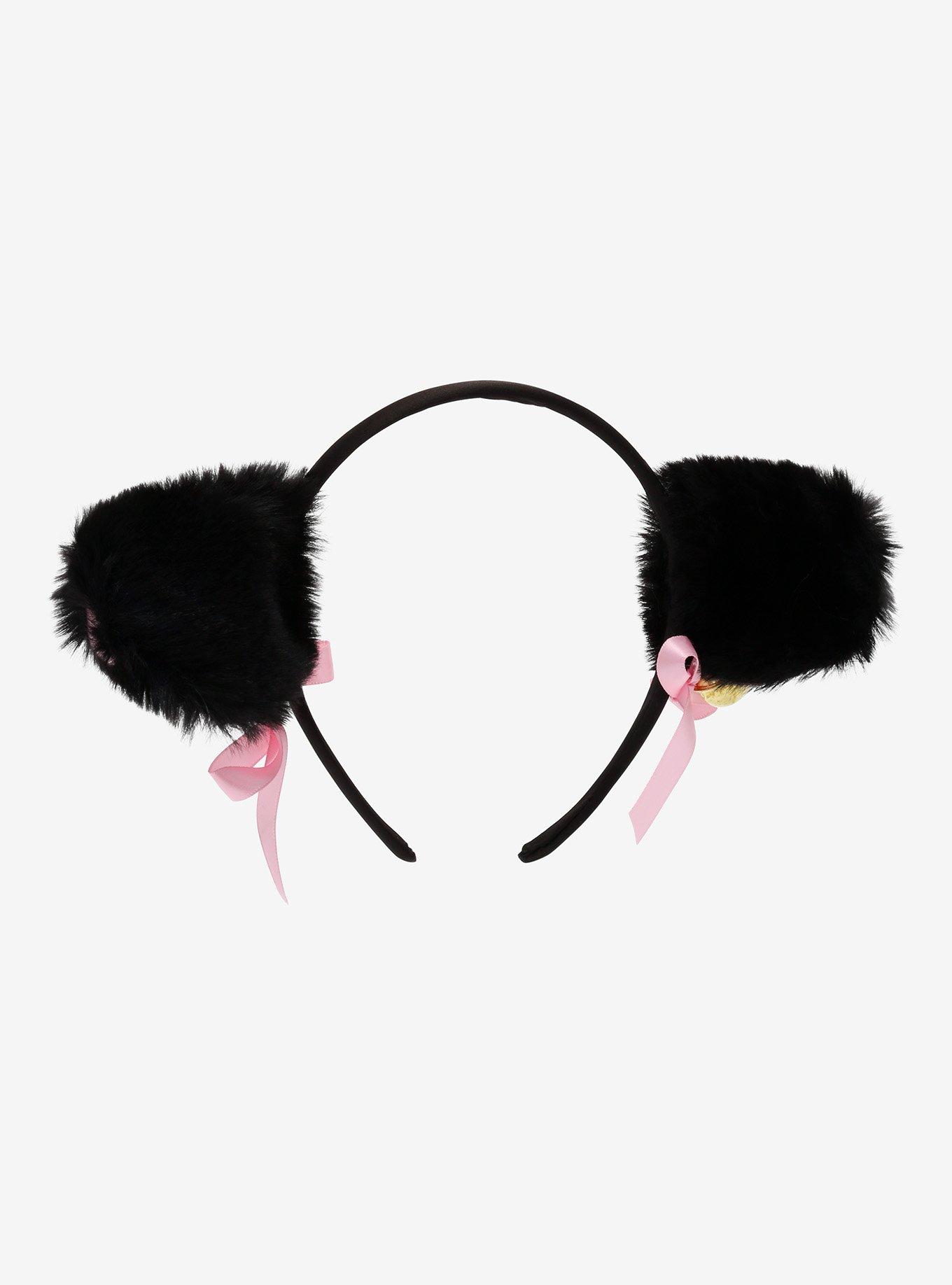 Black & Pink Ribbon Bell Fuzzy Cat Ear Headband, , hi-res