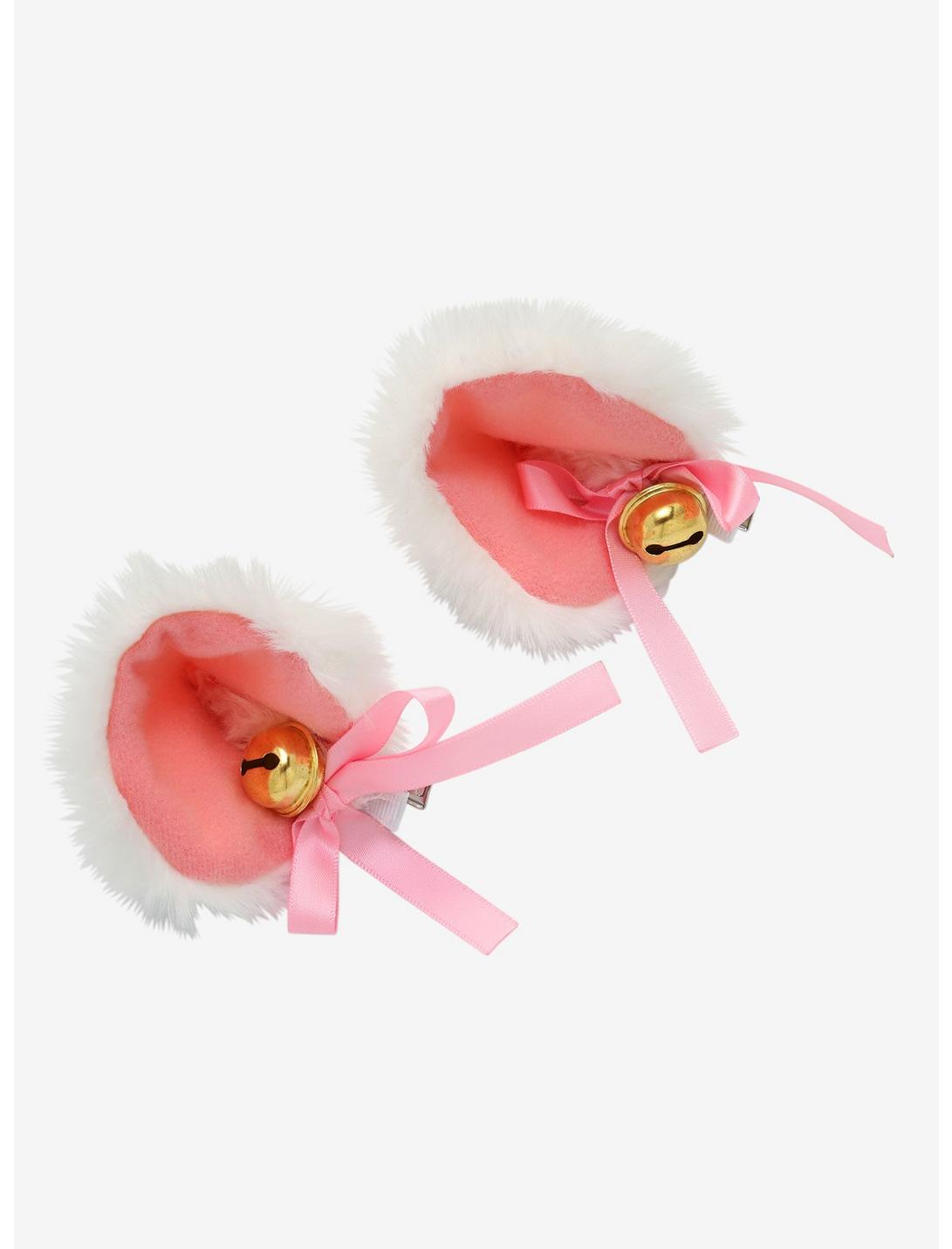 White & Pink Fuzzy Cat Ear Hair Clips, , hi-res