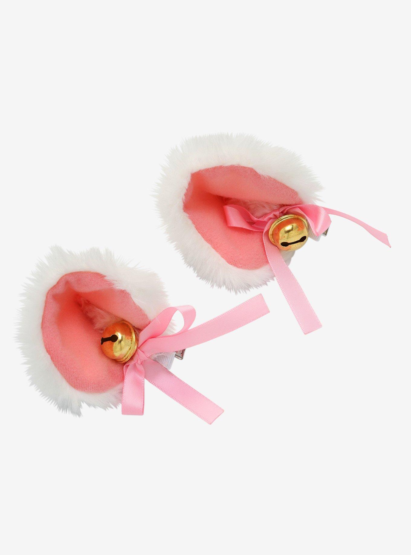 White & Pink Fuzzy Cat Ear Hair Clips, , hi-res