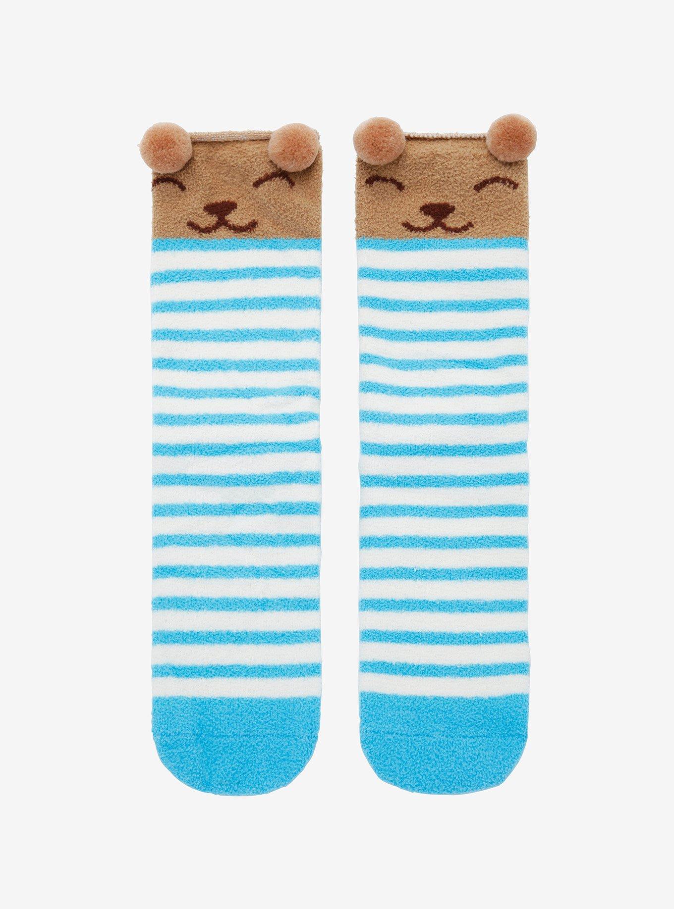 Bear Blue & White Stripe Fuzzy Crew Socks | Hot Topic