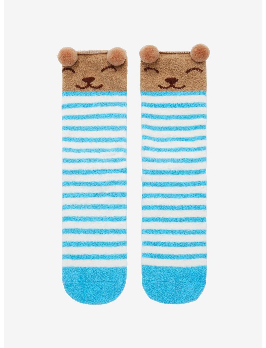 Bear Blue & White Stripe Fuzzy Crew Socks, , hi-res