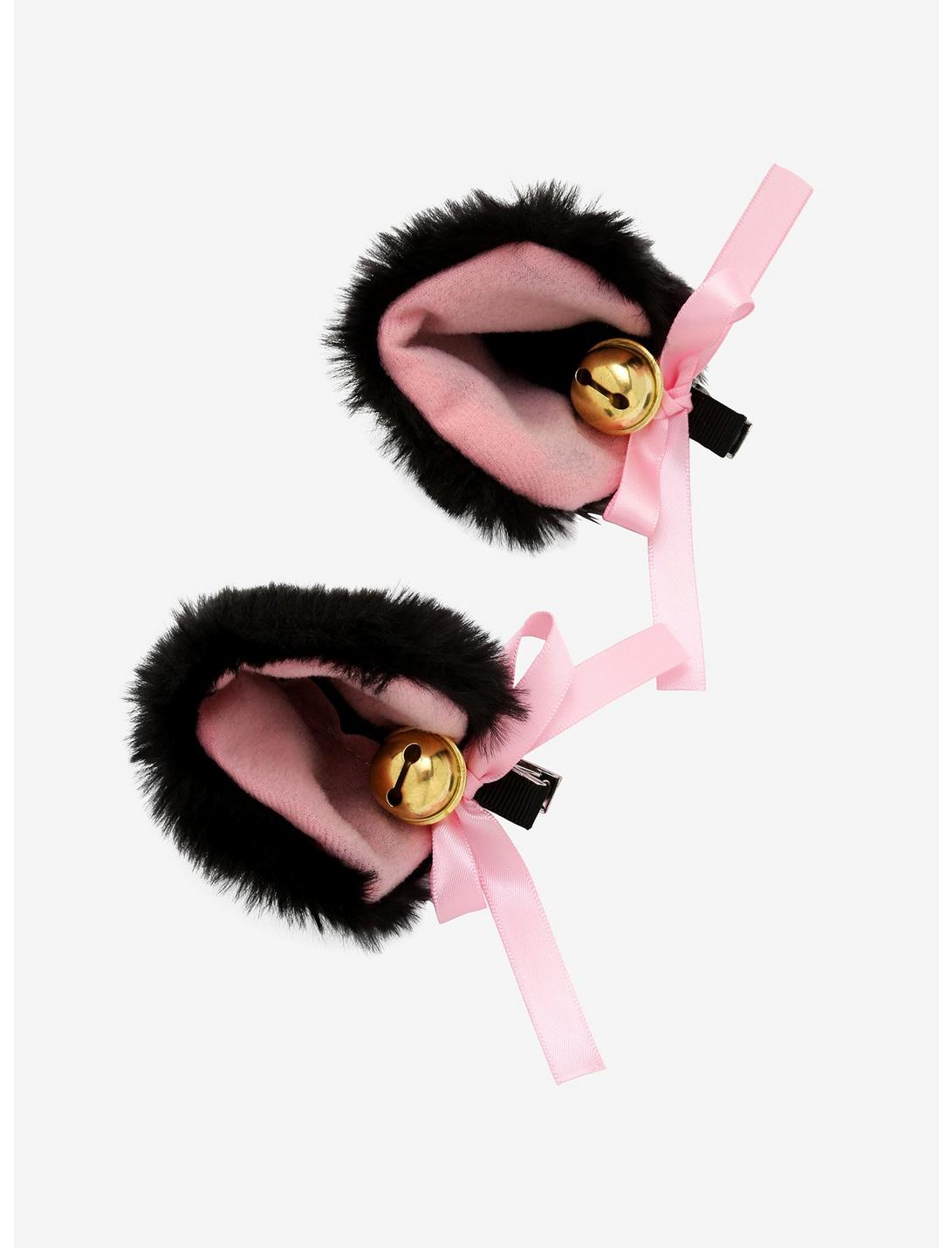 Black & Pink Fuzzy Cat Ear Hair Clips, , hi-res