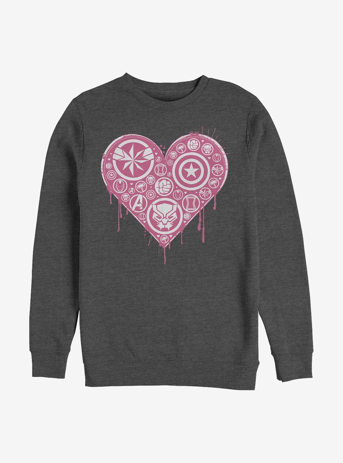 Marvel Avengers Heart Emblems Crew Sweatshirt, CHAR HTR, hi-res