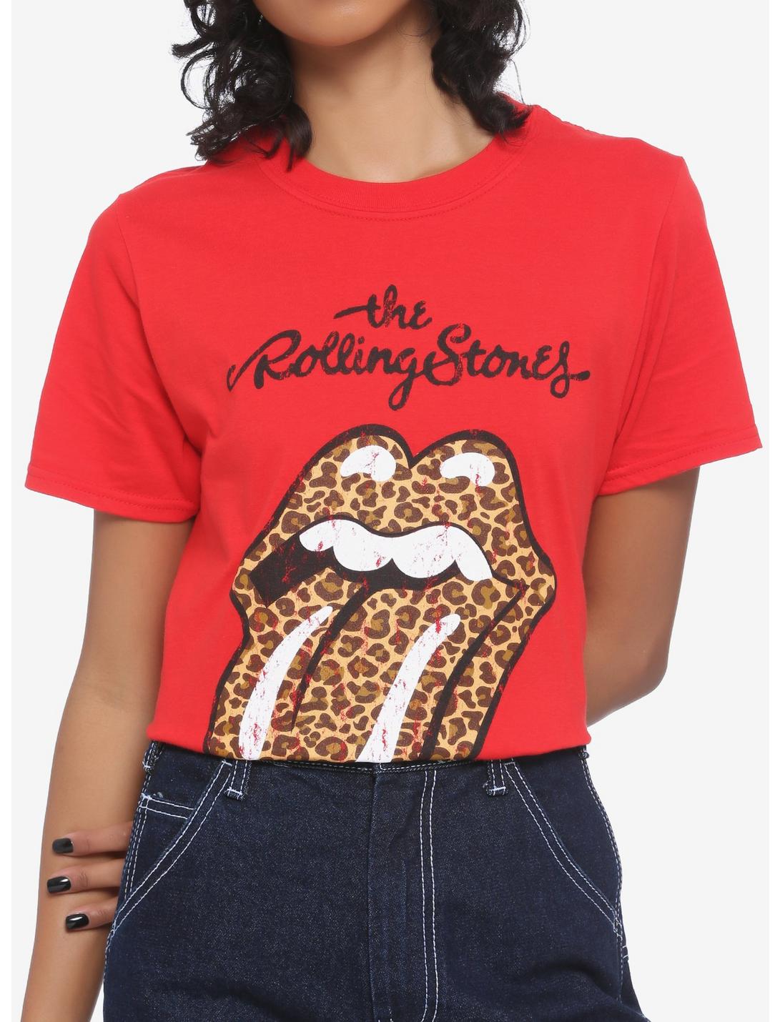The Rolling Stones Leopard Print Tongue And Lips Girls T-Shirt, RED, hi-res
