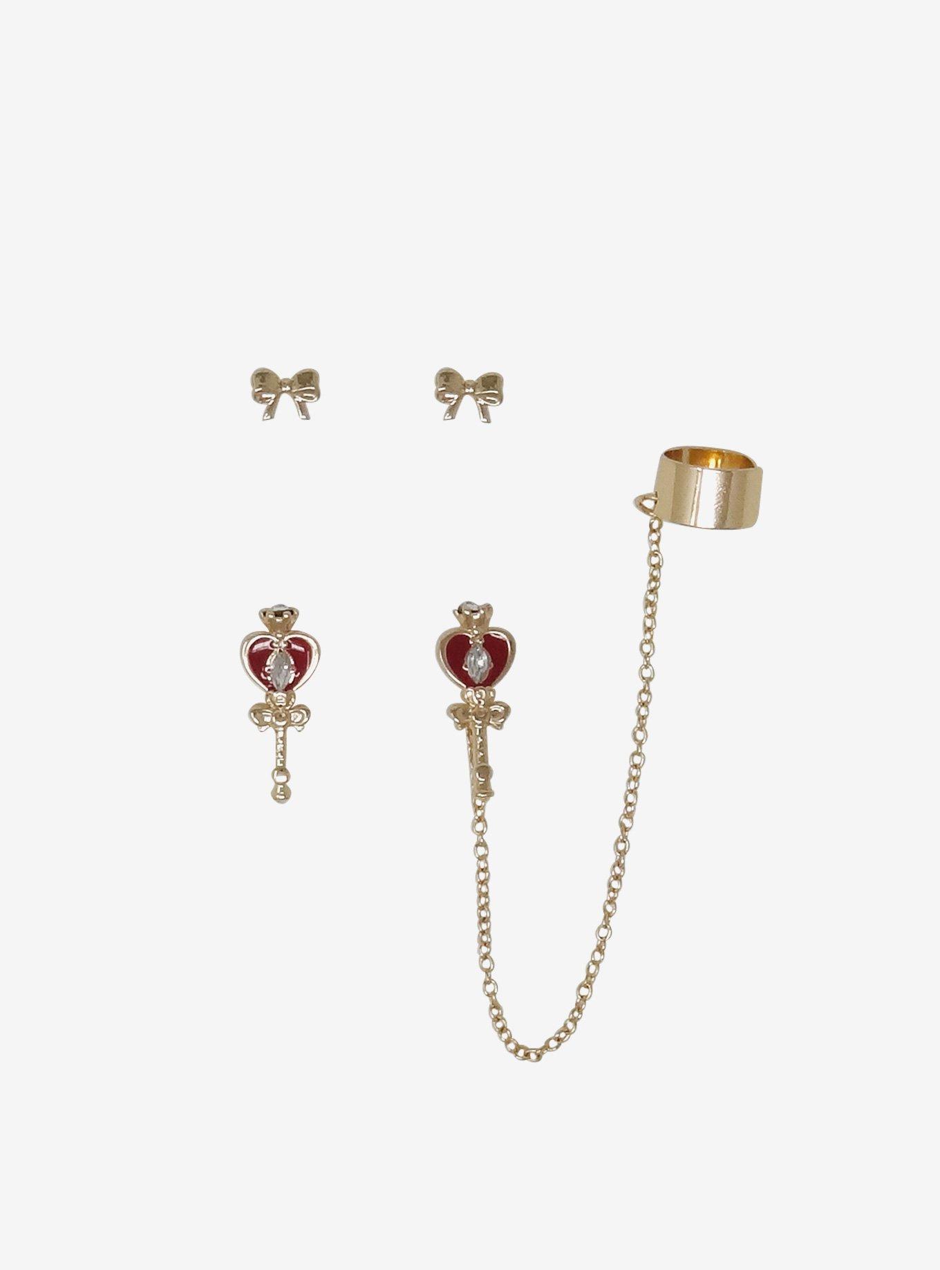 Sailor Moon Spiral Heart Moon Rod & Bow Cuff Earring Set, , hi-res