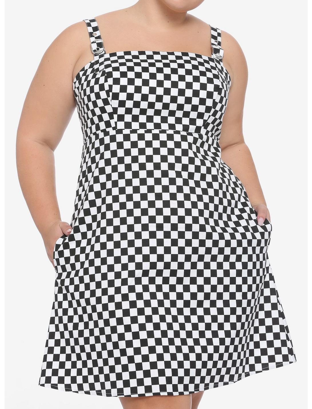 Black & White Checkered Buckle Strap Pinafore Dress Plus Size, BLACK, hi-res