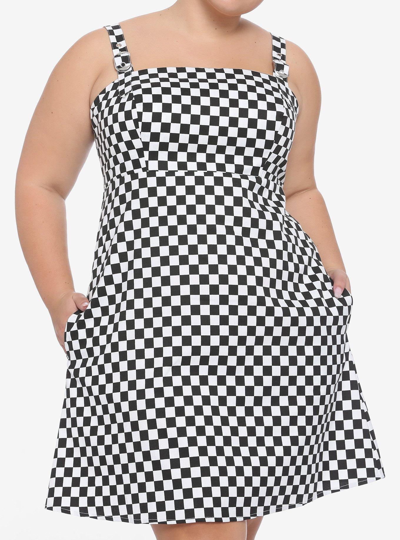 Black & White Checkered Buckle Strap Pinafore Dress Plus Size, BLACK, hi-res