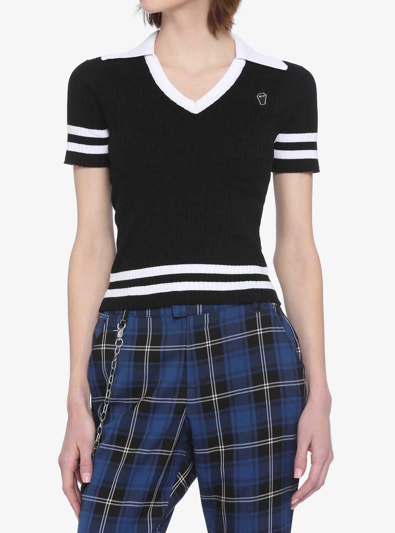 Black & White Coffin Crop Girls Polo Shirt, BLACK, hi-res