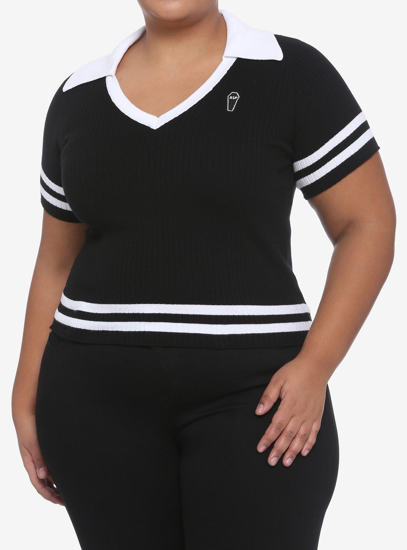 Black & White Coffin Crop Girls Polo Shirt Plus Size, BLACK, hi-res