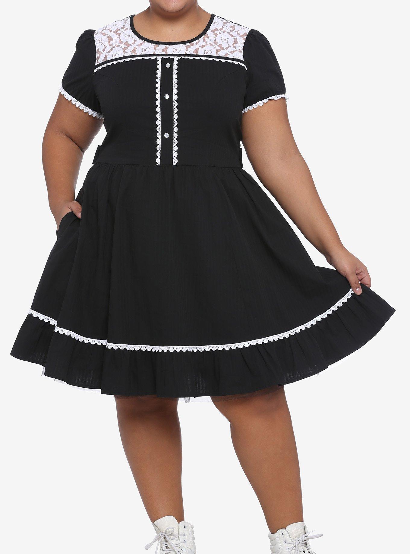 Black & White Lace Panel Dress Plus Size, BLACK, hi-res