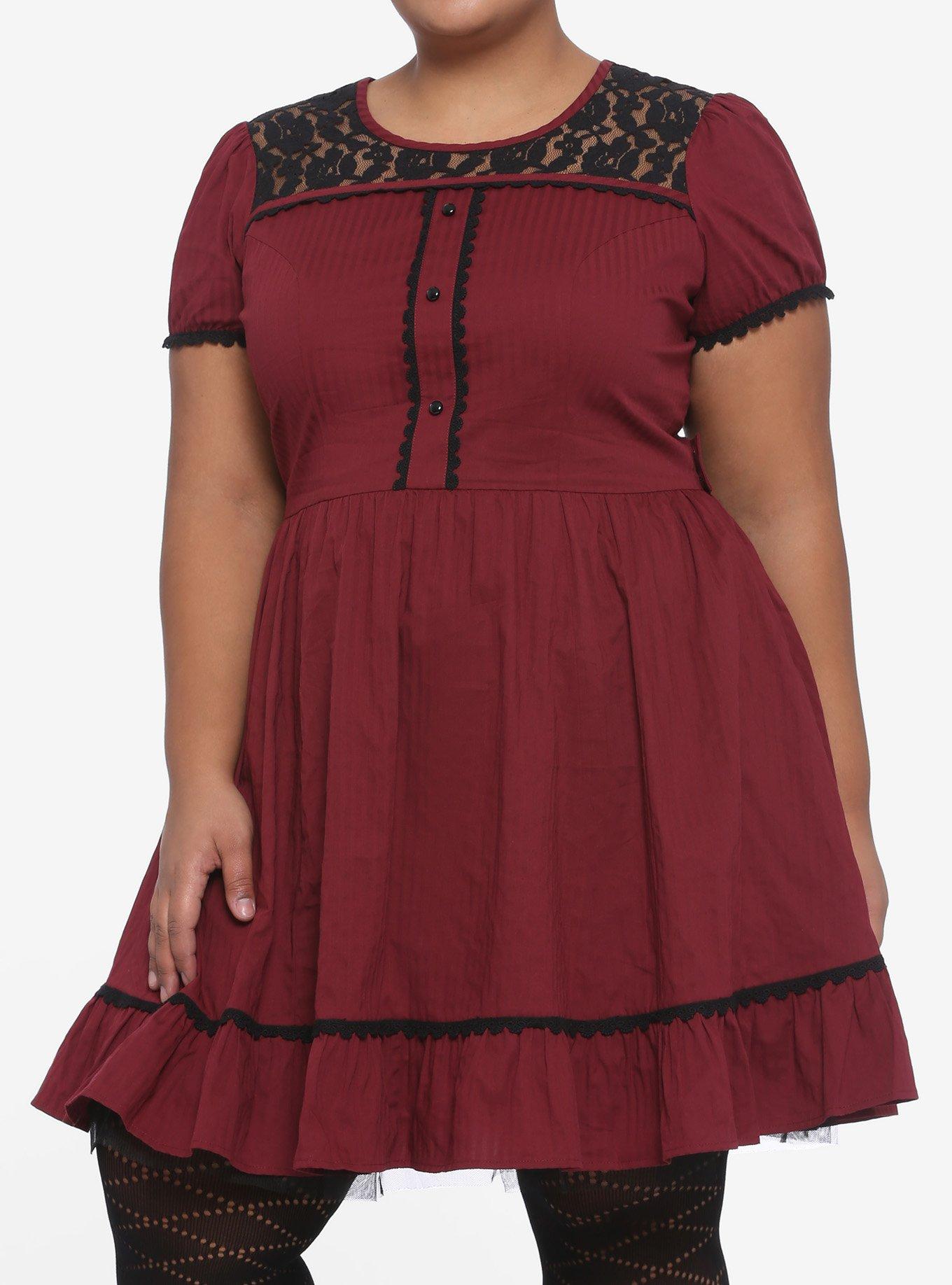 Burgundy & Black Lace Panel Dress Plus Size, MERLOT, hi-res