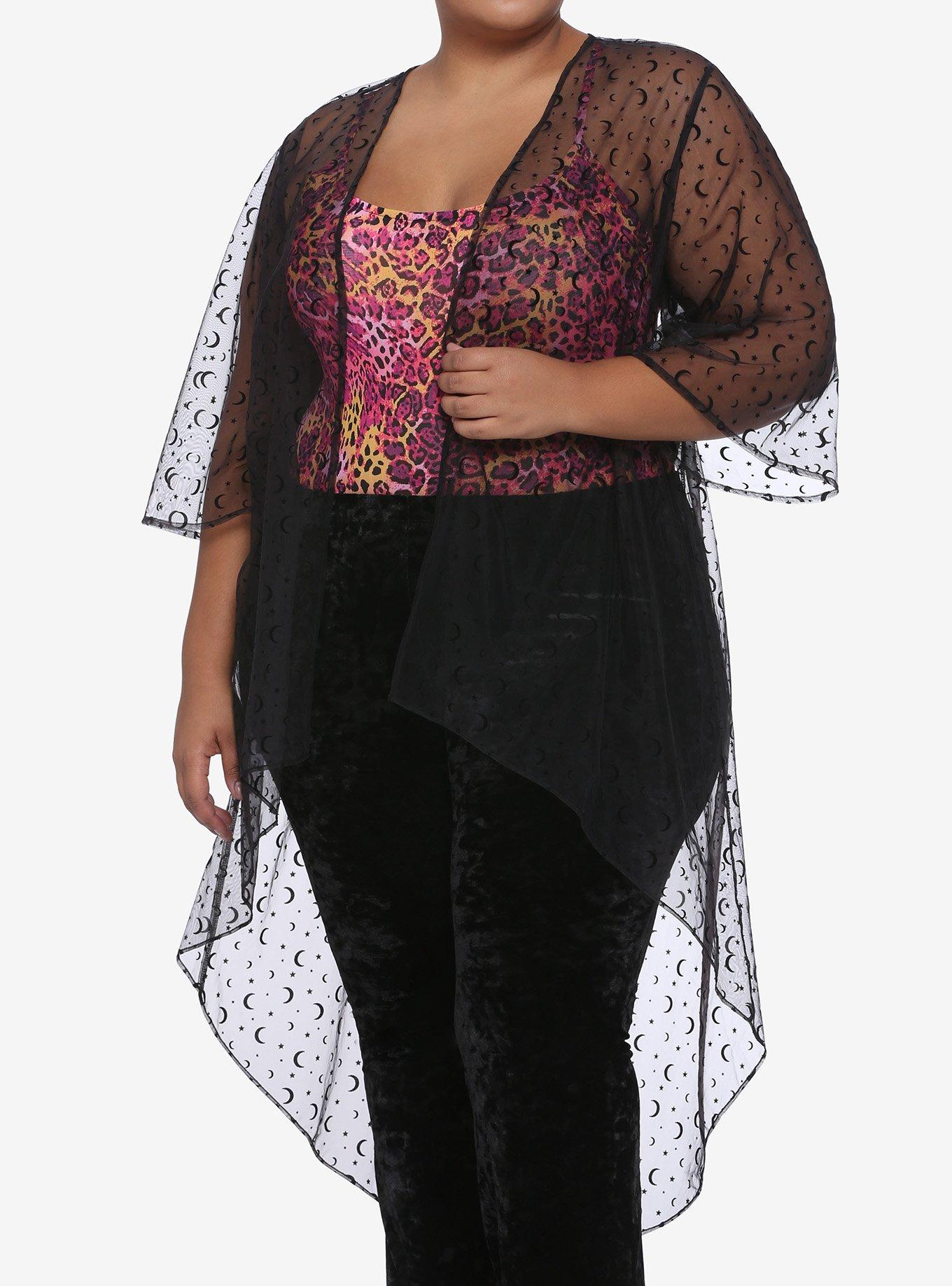 Flocked Moons Sheer Hi-Low Hem Kimono Plus Size, BLACK, hi-res