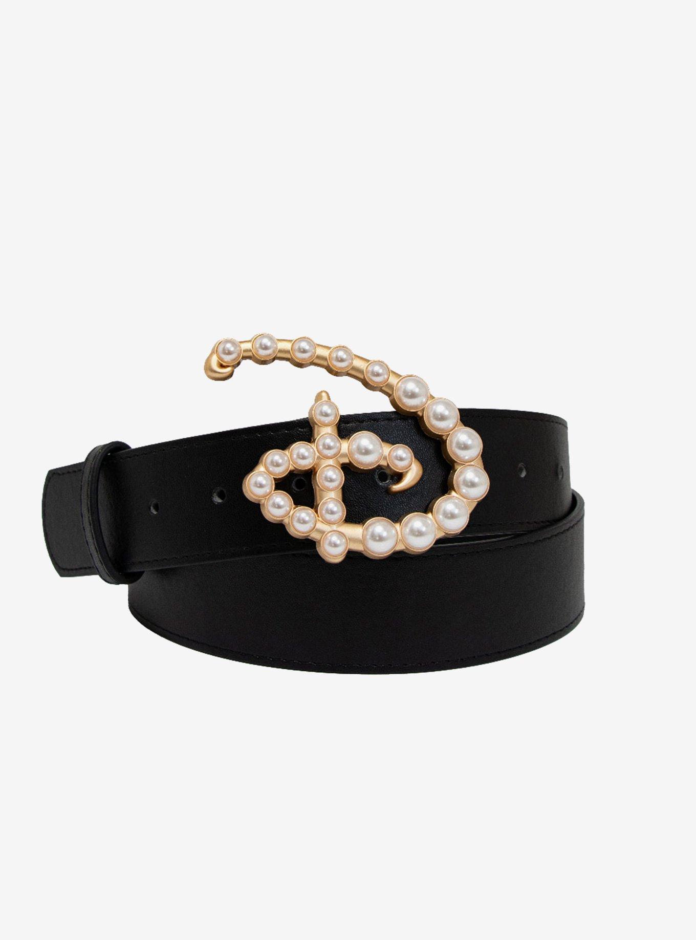 Disney Signature D Logo Faux Pearl Buckle Vegan Leather Belt, BLACK, hi-res