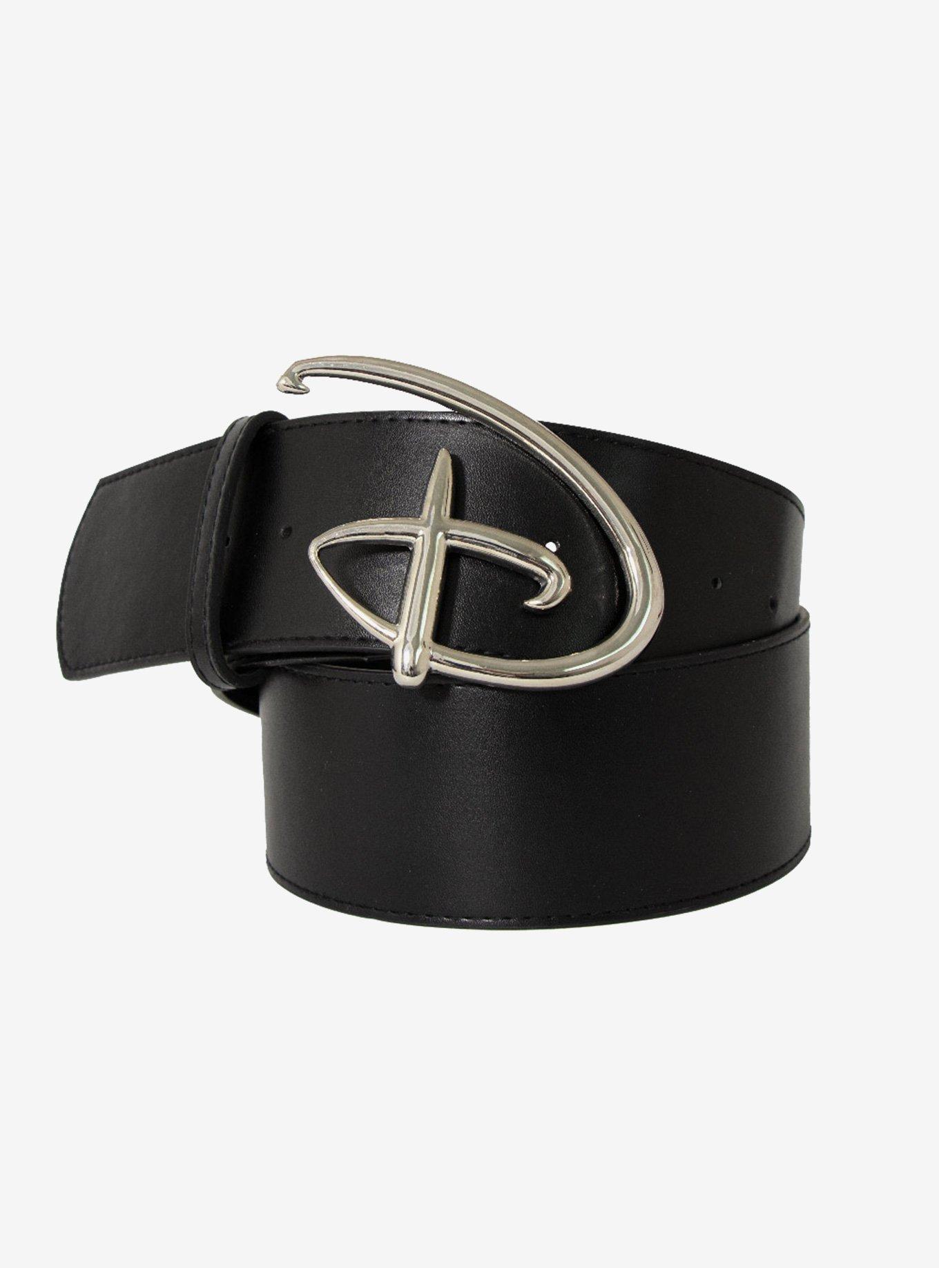 Disney Signature D Logo Silver Cast Buckle Vegan Leather Belt, BLACK, hi-res