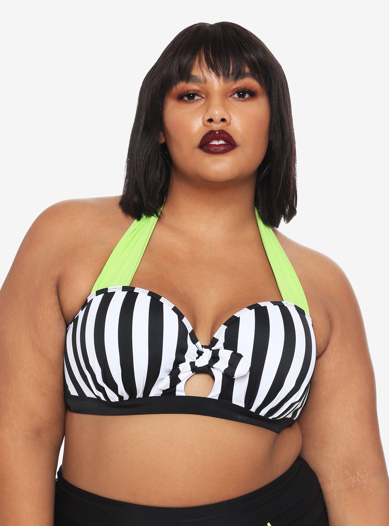 Beetlejuice Stripe Halter Swim Top Plus Size, MULTI, hi-res