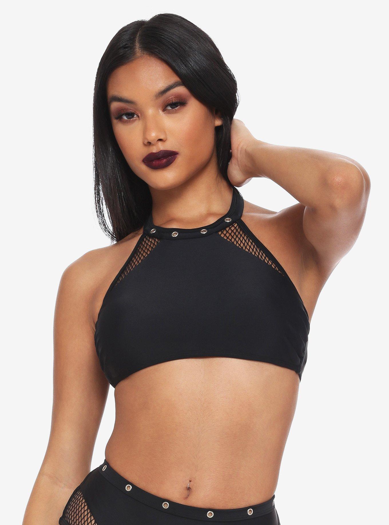 Black Fishnet Grommet Halter Swim Top, BLACK, hi-res